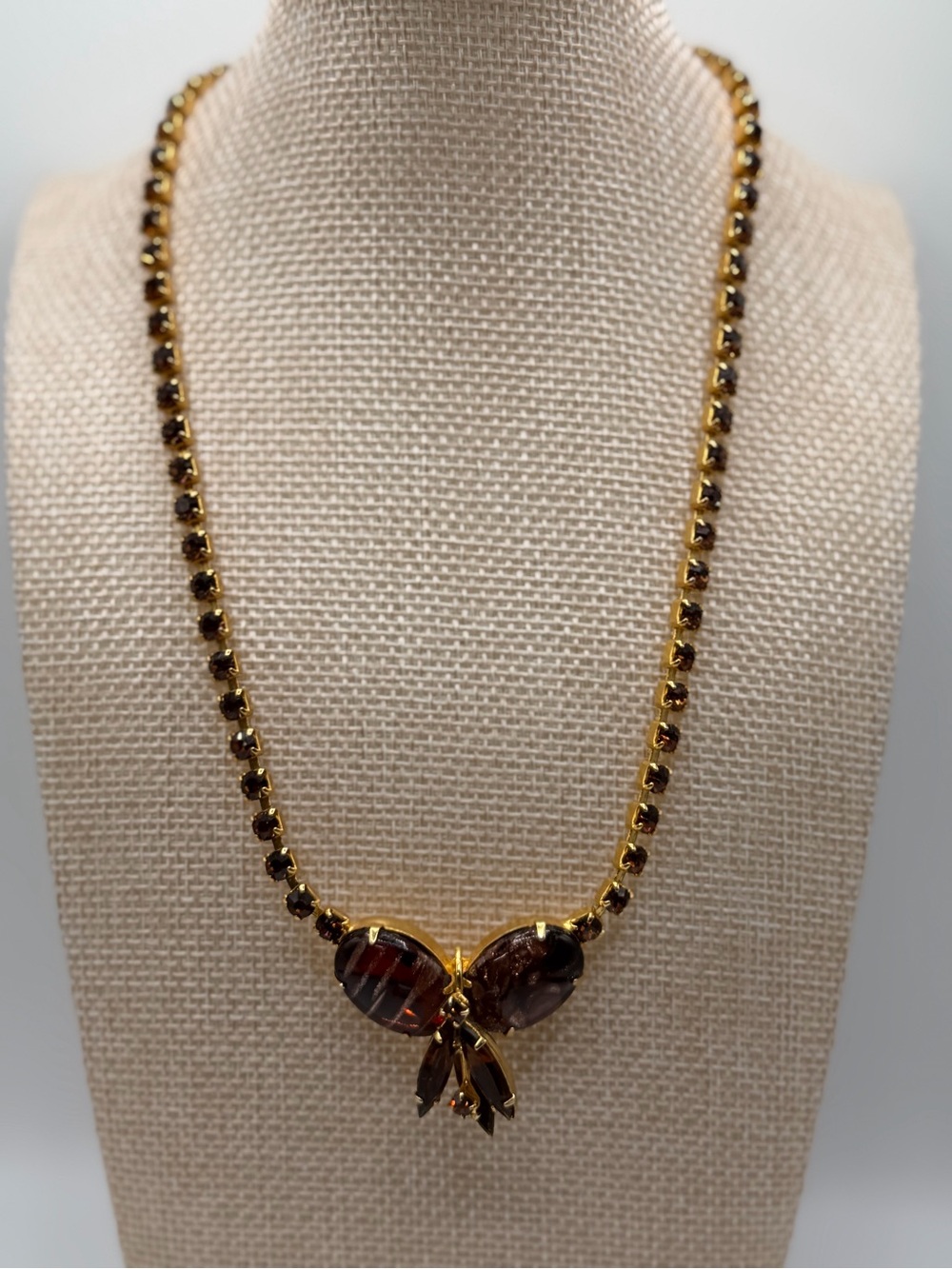 Vintage Amber Art Glass Necklace, Brown Topaz Rhinestone Statement Necklace